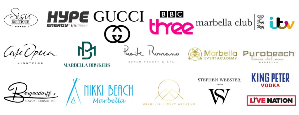 Previous partners and clients including GUCCI, BBC Three, ITV, Marbella Club, Nikki Beach, Live Nation, Hype Energy, Purobeach, Puente Romano, Stephen Webster, King Peter Vodka and more