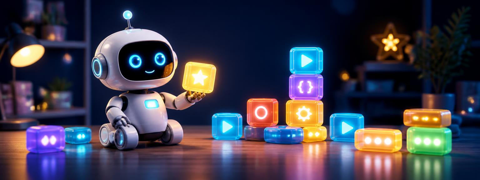 A friendly robot playing with glowing coding blocks