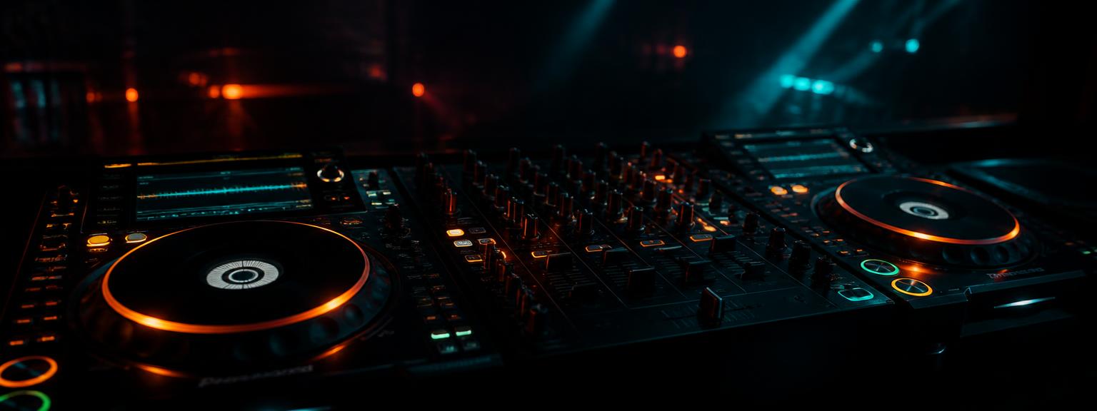 DJ turntables and mixer glowing in a dark club