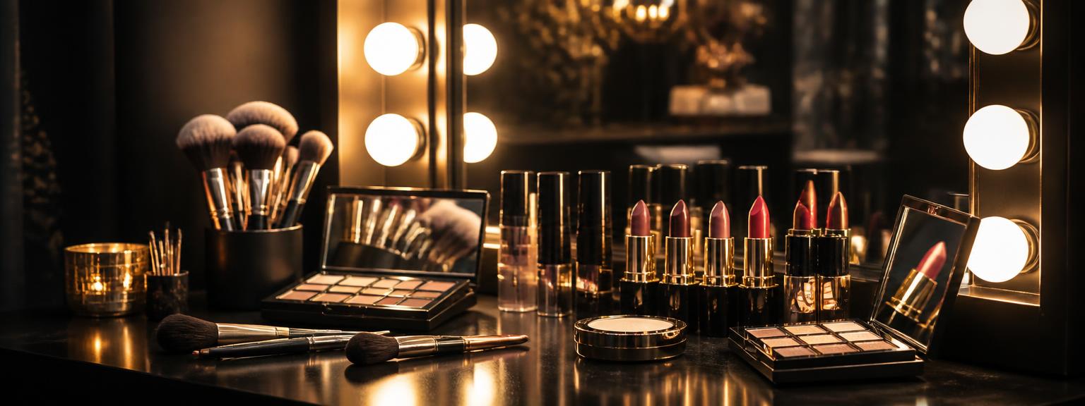 Makeup brushes, palettes and lipsticks by a lit mirror