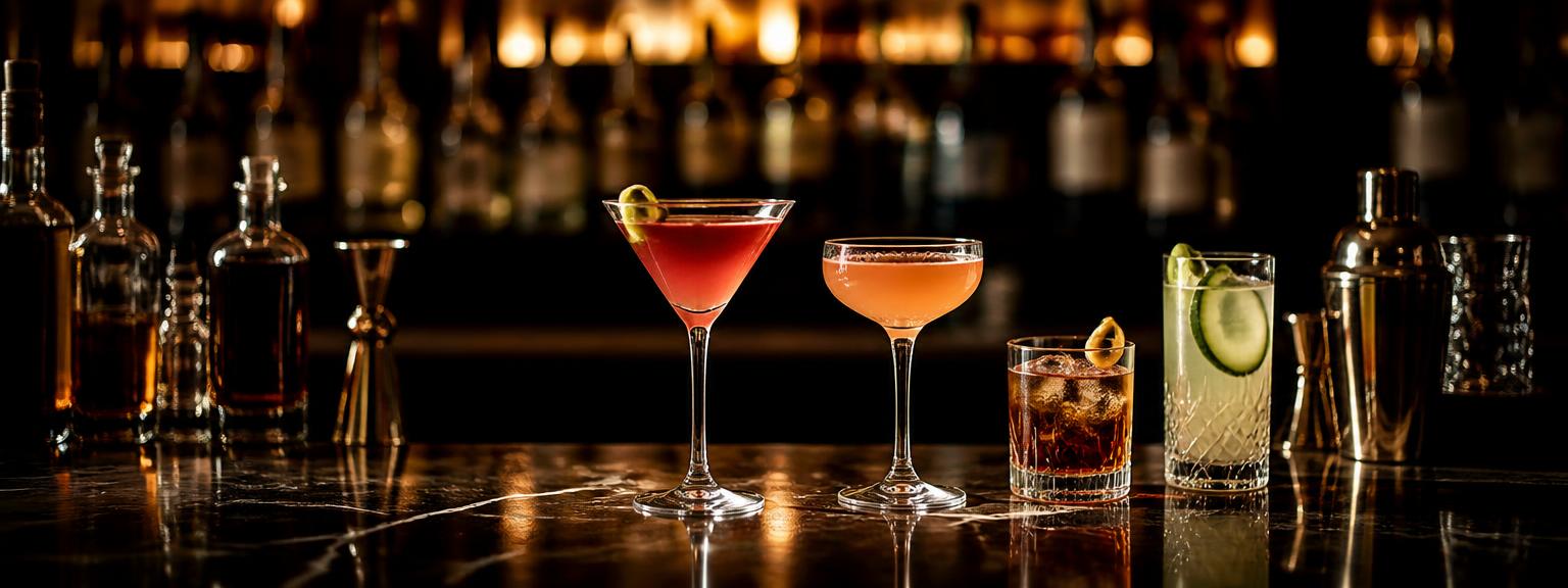 Cocktails, bottles and a shaker on a dark bar counter