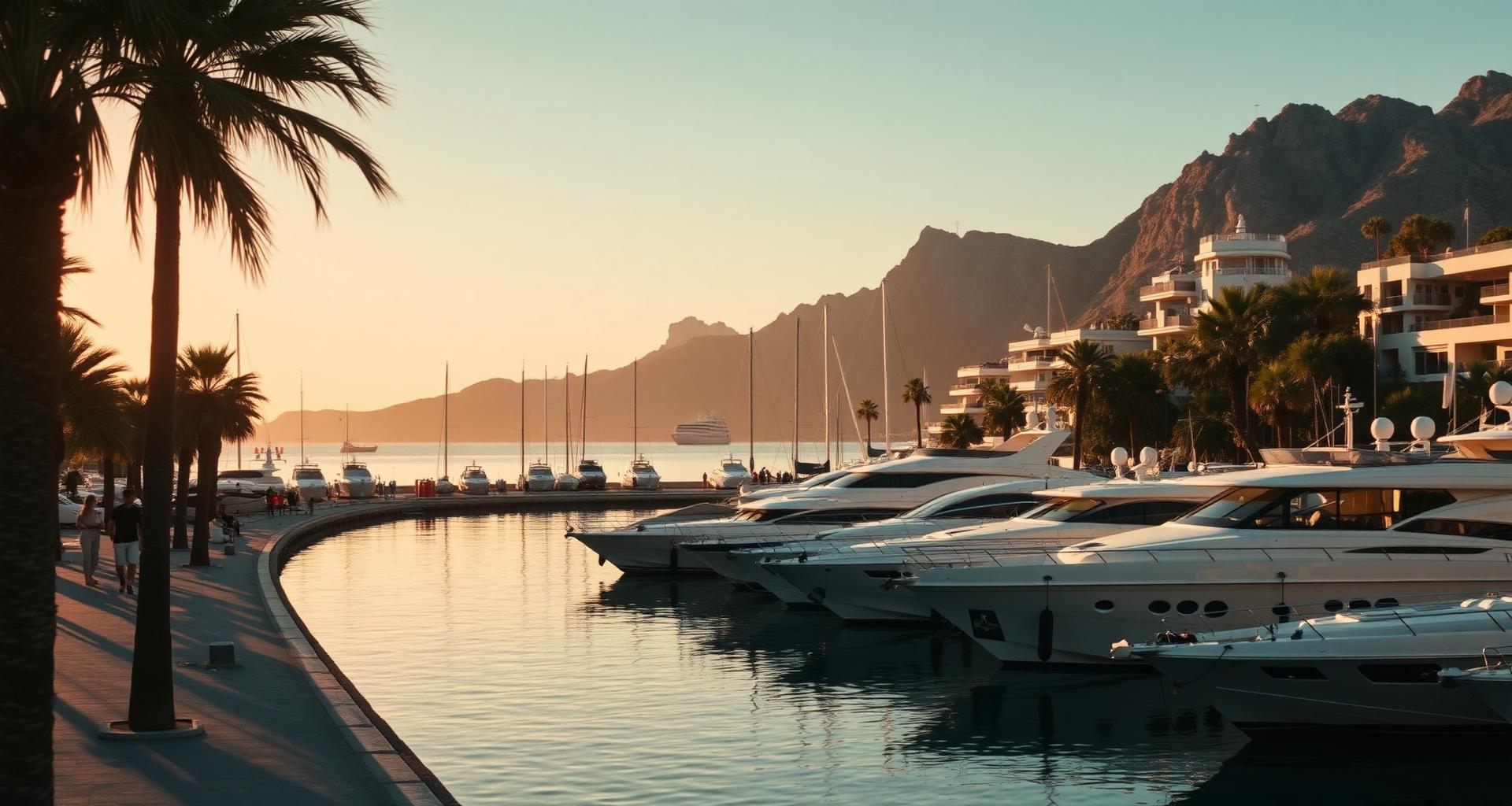 Puerto Banús marina at golden hour with palm trees, luxury yachts and La Concha mountain — Marbella