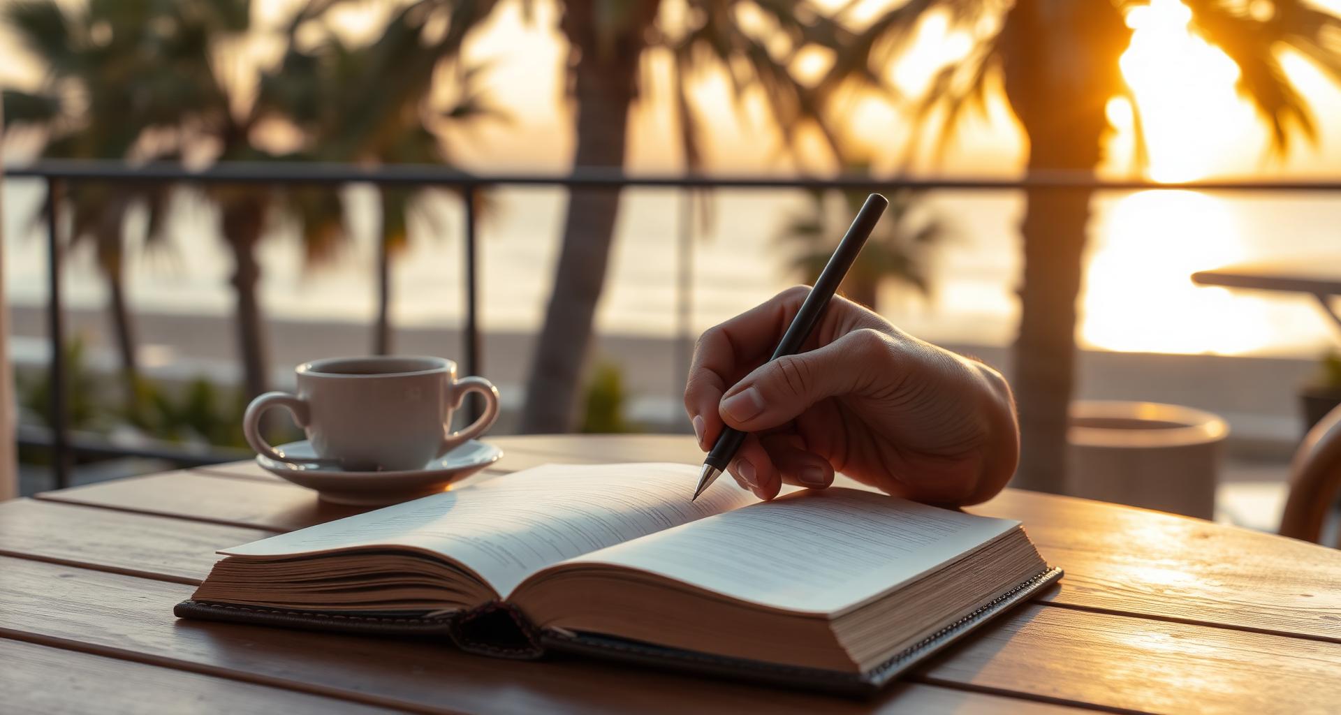 Hand writing in an open notebook on a Marbella terrace at golden hour