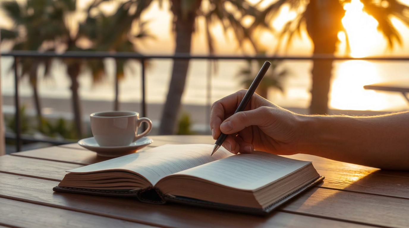 Hand writing in an open notebook on a Marbella terrace at golden hour