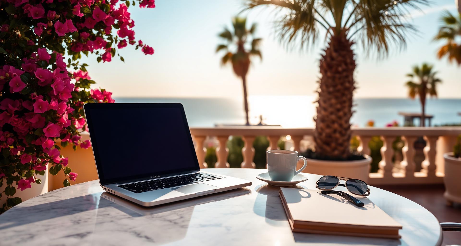 Laptop and espresso on a marble table at a Marbella seafront terrace at golden hour