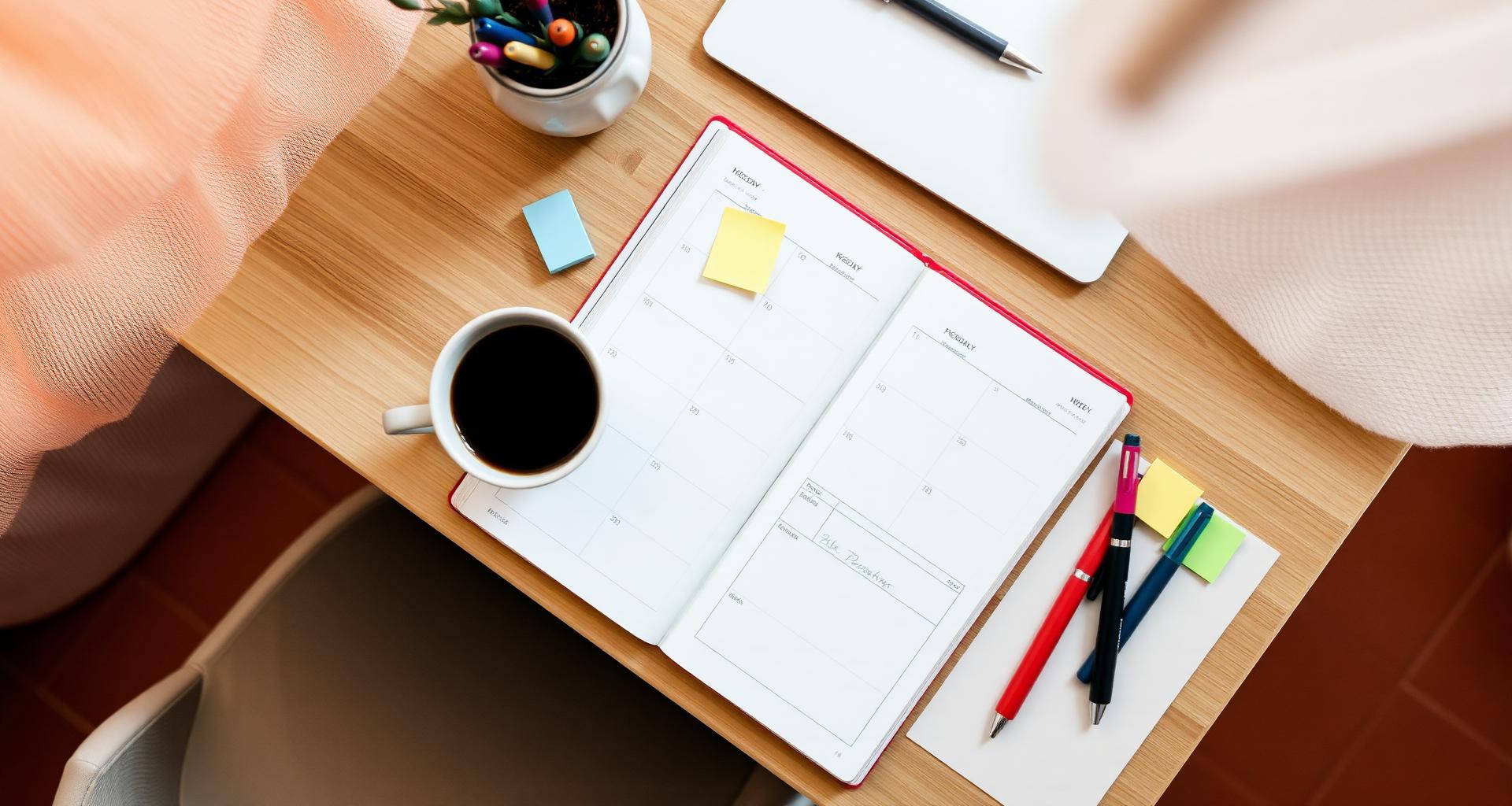 Weekly planner notebook open on a wooden desk with coffee and pens in warm light