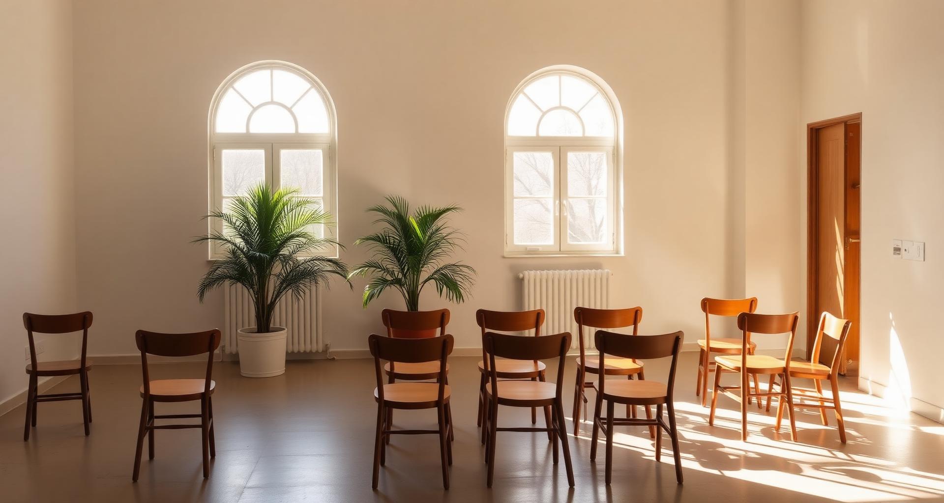 Empty bright Marbella academy classroom with wooden chairs arranged in a semi-circle and arched windows