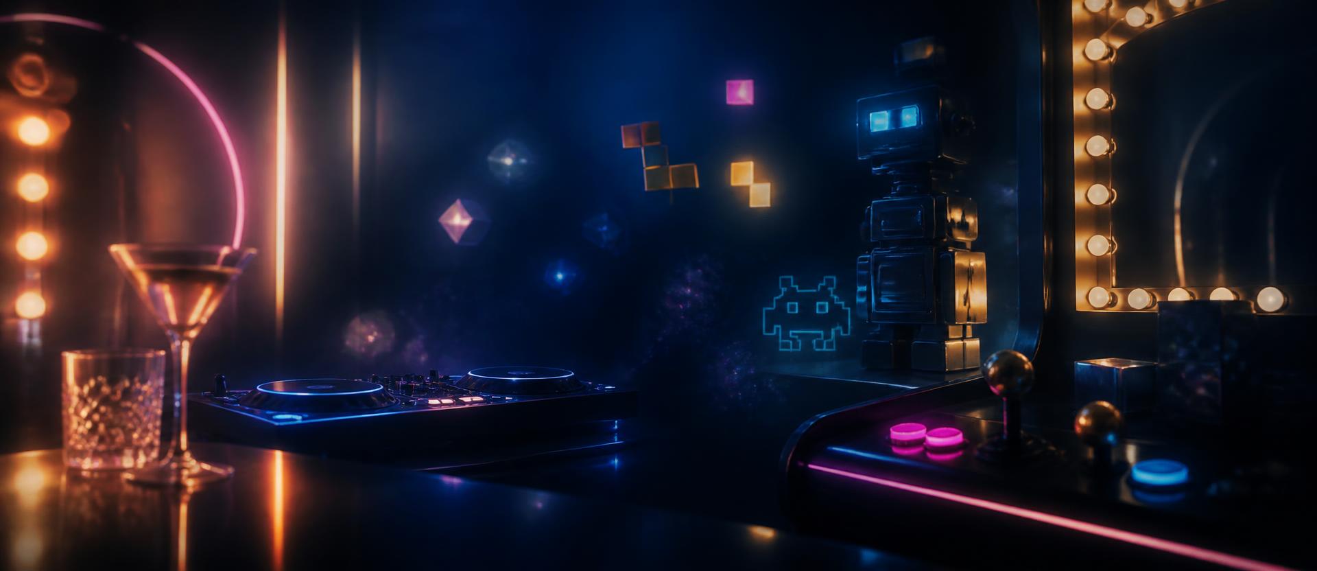 Neon arcade atmosphere with cocktail glass, DJ decks, retro robot and glowing makeup mirror bulbs