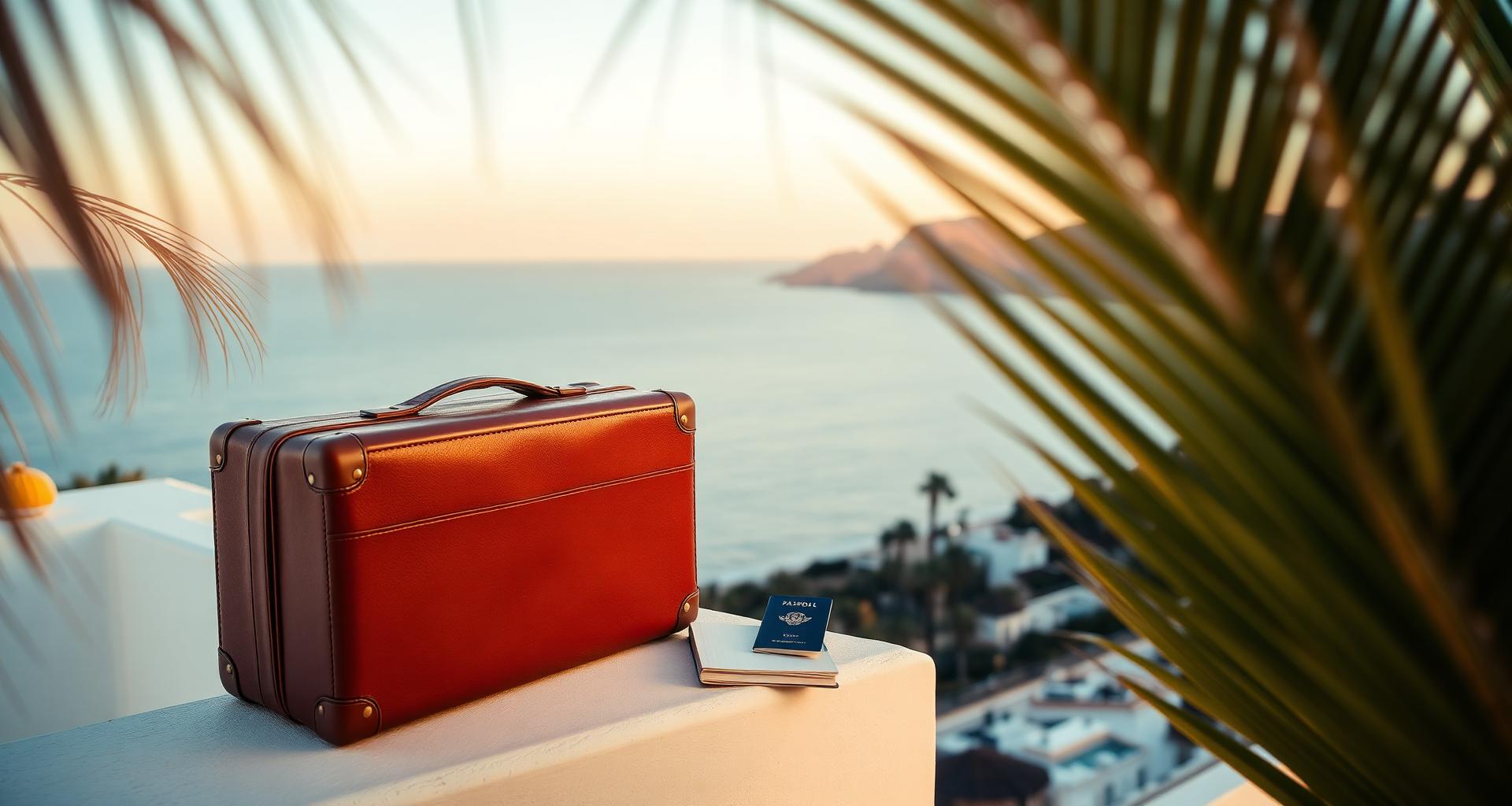 Leather suitcase and passport on a whitewashed Marbella terrace overlooking the Mediterranean at golden hour