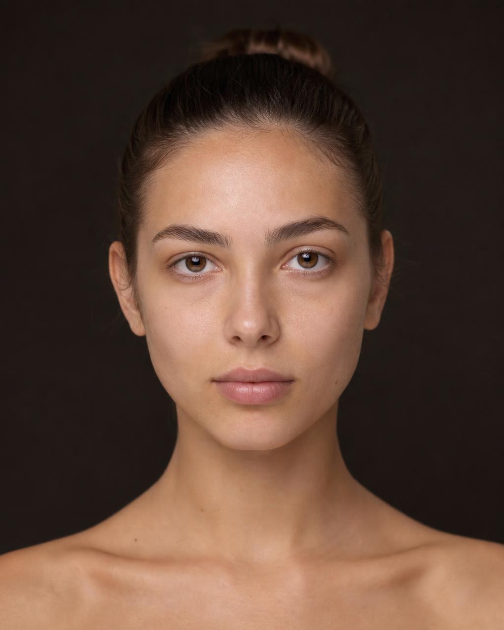 Model photographed fresh-faced, ready for makeup